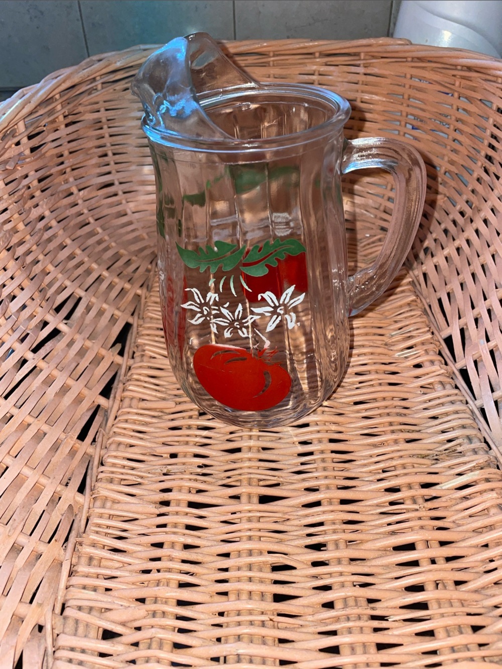 Clear Glass Pitcher with Red Tomato and Green Leaf Accent
